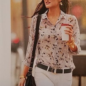 Cabi Gray Matinee Collard Long Sleeve Floral Button Down Top M